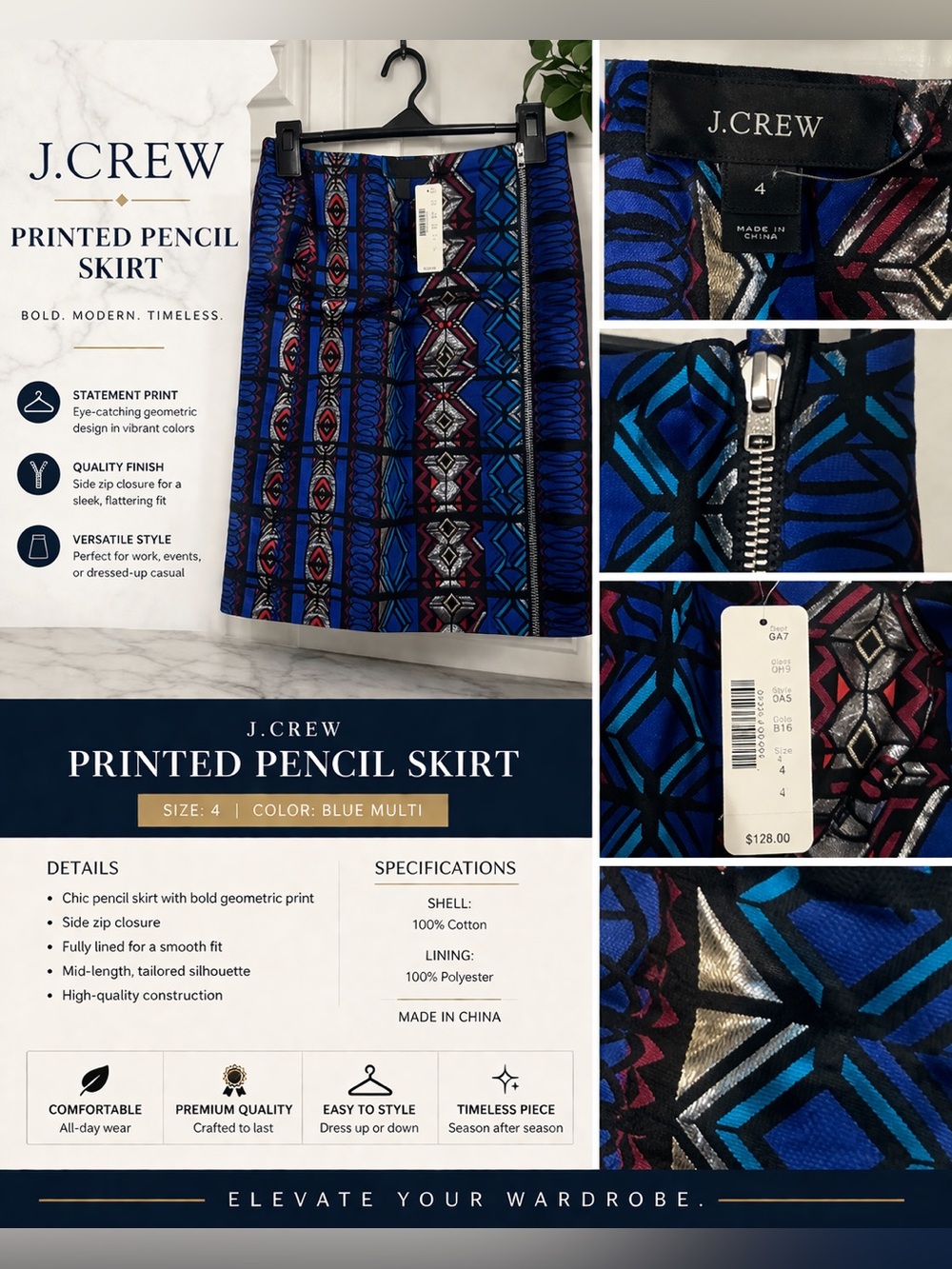 J.Crew Blue Multi Printed Pencil Skirt NWT SIZE 4